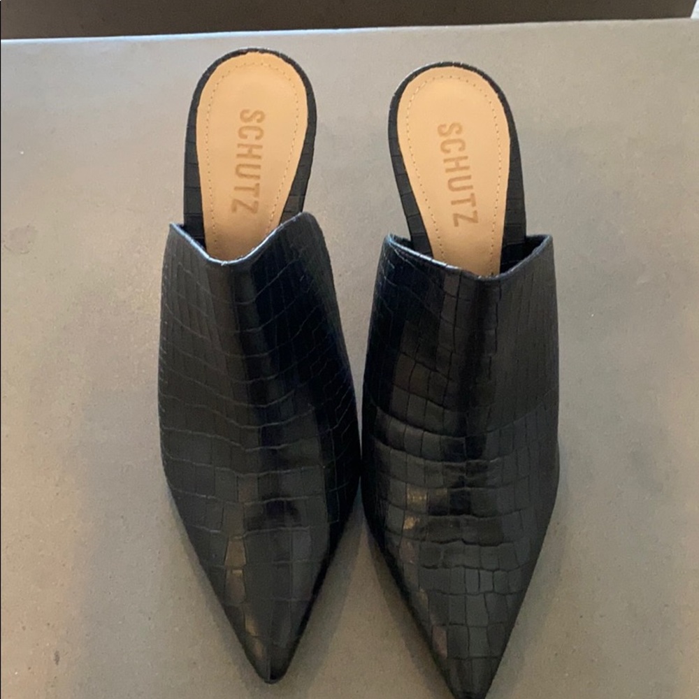 SCHUTZ black croc embossed mules. Size 7.5.